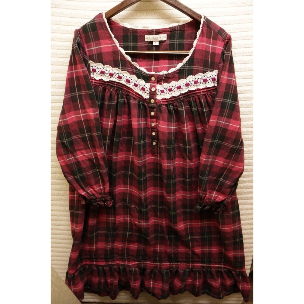 Eileen West Plaid Flannel night gown Burgundy Black Lace Pockets L Knee Rare